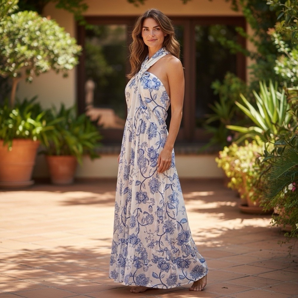 GRACE KARIN Maxi Dress‎ Womens XXL CrissCross Blue White Print Halter neck NEW